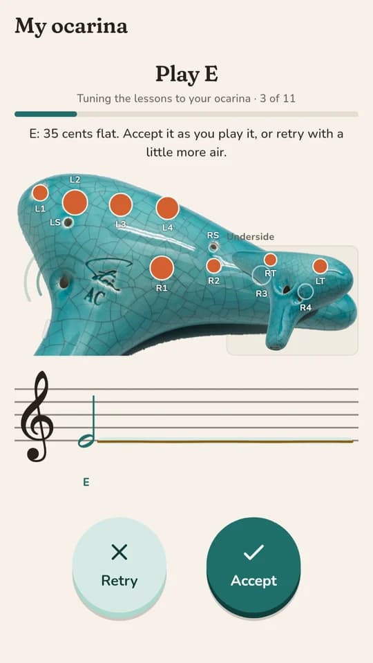 Tuning the app to your ocarina, one note at a time, with Retry and Accept